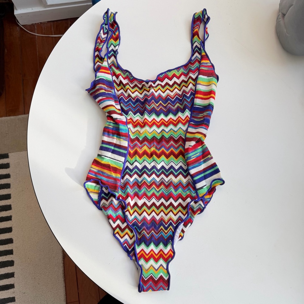 Missoni 1980s Knit Colorful Chevron Swimsuit Size L